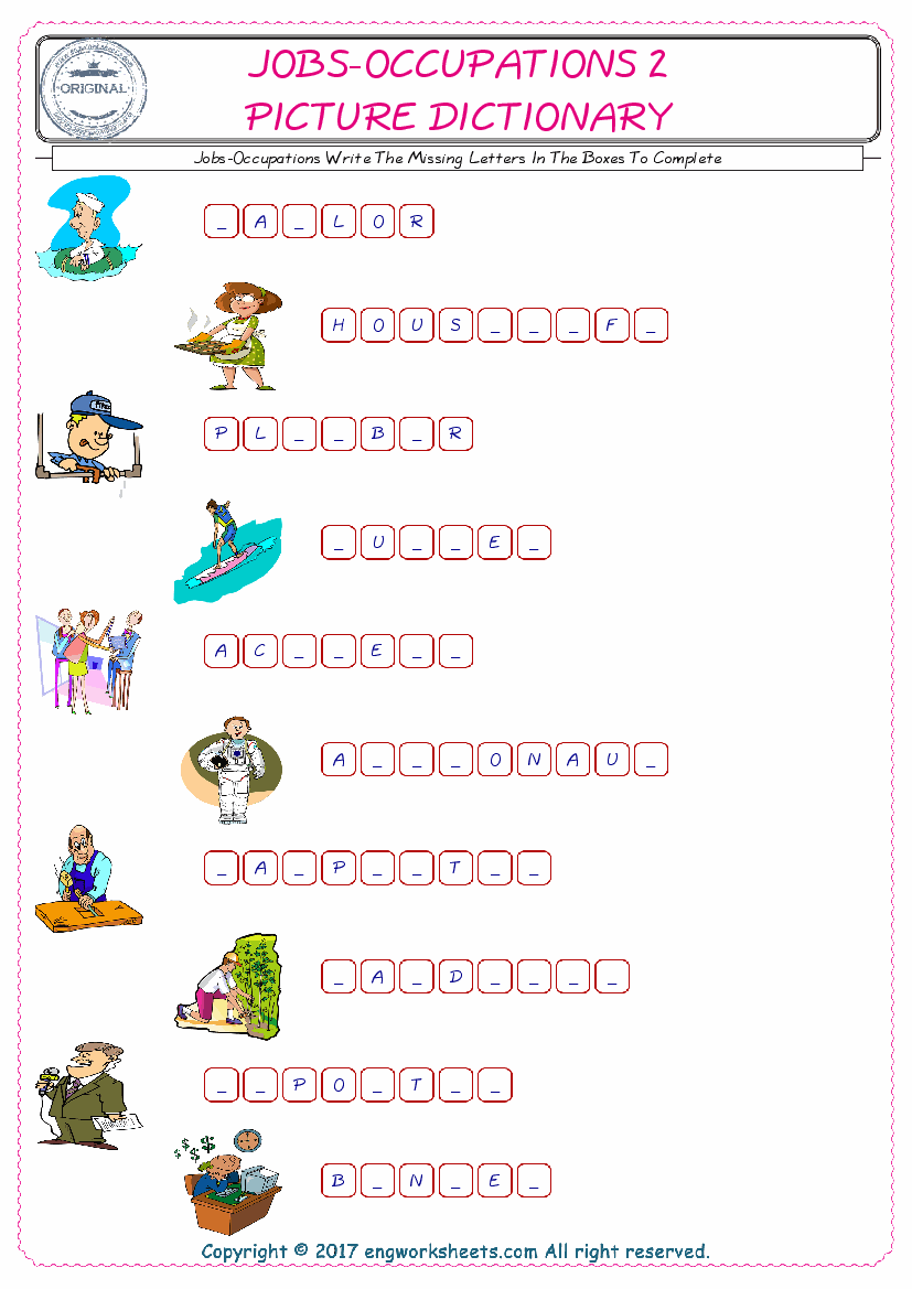 Type in the blank and learn the missing letters in the Jobs-Occupations words given for kids English worksheet. 